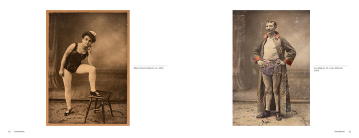 Two sepia photos: left, carnival performer Mabel Babe Wagener (1924); right, Gus Wagener in decorative attire (St. Louis, 1924), reflecting the era profiled in *Maud Stevens Wagner* by Schiffer Publishing, Ltd.