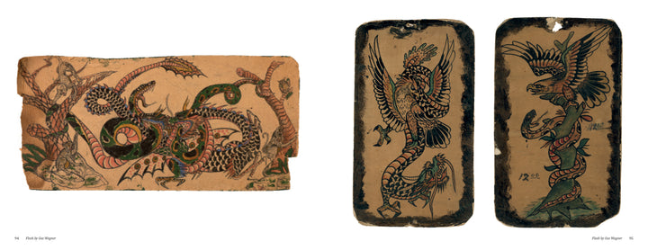 Three sheets of aged paper showcase American tattoo art—a colorful coiled dragon, a snake around a sword, and a bird intertwined with a snake—echoing the legacy of Maud Stevens Wagner by Schiffer Publishing, Ltd.