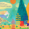 A girl with long hair and patchwork pants runs through a bright garden calling for Frisky Face the Naughty Cat. The cat, from Schifferbooks, sleeps curled up under a blue fir tree. Text appears in a yellow speech bubble.