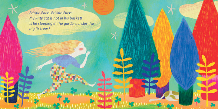 A girl with long orange hair in checkered pants runs barefoot through a vibrant garden, inspired by Schiffer Publishing, Ltd.'s children’s book. Frisky Face the Naughty Cat naps under a blue tree as an orange sun shines above colorful trees.