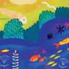 In Schiffer Publishing, Ltd.’s “Frisky Face the Naughty Cat,” vibrant art shows Frisky peeking from behind bushes by a stream. Colorful fish swim below and plants flourish. Text reads, “Is he by the stream?...”.