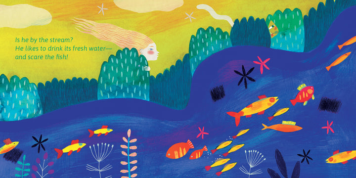 In Schiffer Publishing, Ltd.’s “Frisky Face the Naughty Cat,” vibrant art shows Frisky peeking from behind bushes by a stream. Colorful fish swim below and plants flourish. Text reads, “Is he by the stream?...”.