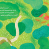 An illustrated green landscape features moss, blue bushes, red autumn leaves, and a winding pale path. White text asks if Frisky Face the Naughty Cat from Schifferbooks sleeps on moss or beneath red coat-like leaves.