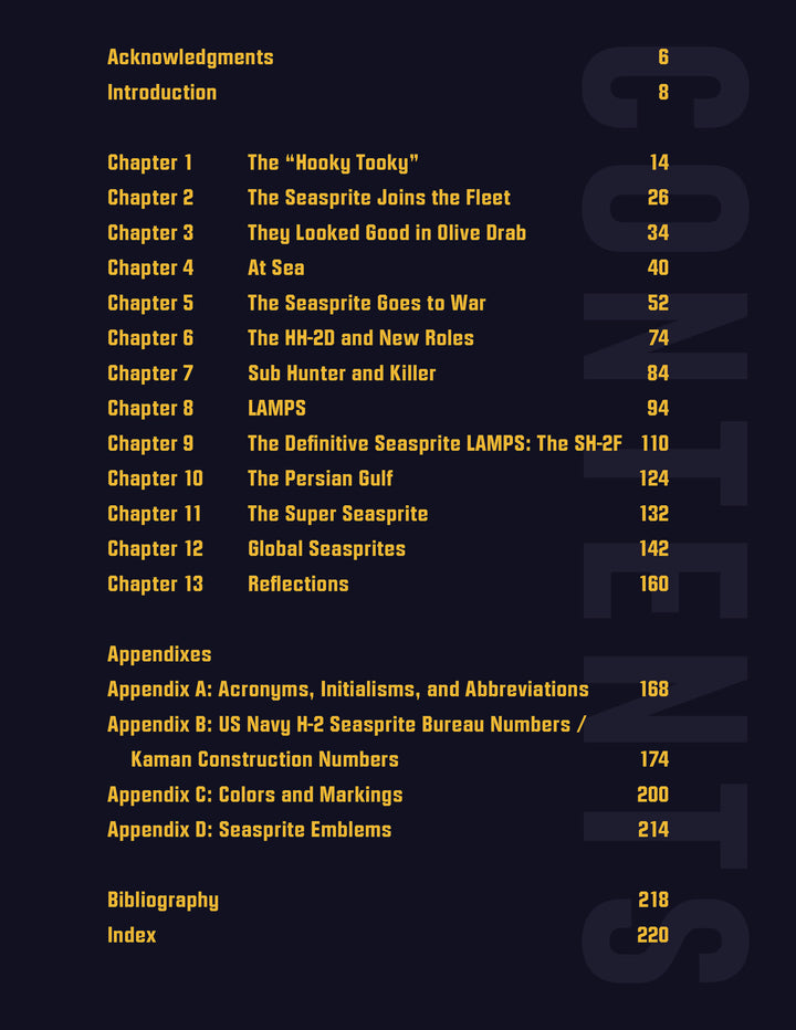 Table of contents with section titles and page numbers on a black background. Large, vertical CONTENTS text highlights sections on the Kaman H-2 Seasprite and military helicopter history. Published by Schiffer Publishing, Ltd.