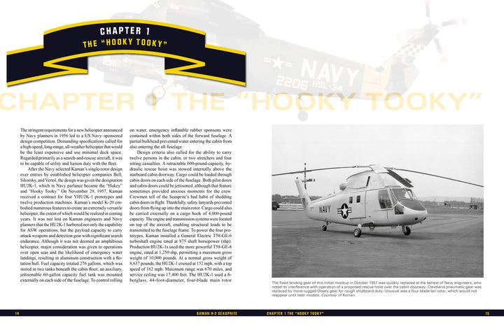 A black-and-white photo depicts the Kaman H-2 Seasprite on the tarmac. Published by Schiffer Publishing, Ltd., the page features a "CHAPTER 1: THE HOOKY TOOKY" heading and two columns detailing its military helicopter history.