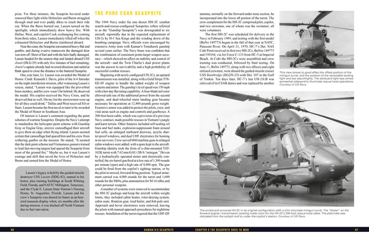 Two black and white photos from Schiffer Publishing, Ltd. show the Kaman H-2 Seasprite: on top, maintenance workers with the helicopter; below, this historic aircraft is parked on grass, viewed from the front left.