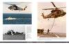 A collage highlights Kaman H-2 Seasprite helicopters by Schiffer Publishing, Ltd.: one flies over a naval ship, another hovers during a winch operation, and a third shows a crash-landing on an aircraft carrier, showcasing military helicopter history.