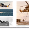 A collage highlights Kaman H-2 Seasprite helicopters by Schiffer Publishing, Ltd.: one flies over a naval ship, another hovers during a winch operation, and a third shows a crash-landing on an aircraft carrier, showcasing military helicopter history.
