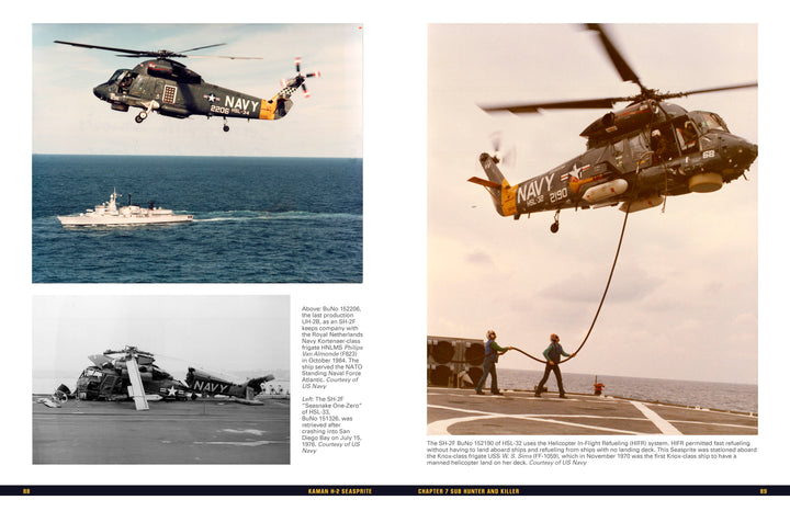 A collage highlights Kaman H-2 Seasprite helicopters by Schiffer Publishing, Ltd.: one flies over a naval ship, another hovers during a winch operation, and a third shows a crash-landing on an aircraft carrier, showcasing military helicopter history.