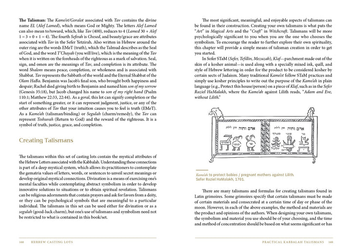 A book page from Schiffer Publishing, Ltd.'s "Hebrew Casting Lots" describes the meanings of Jewish talismans and their links to the Hebrew Alefbet, with an illustration of people crafting and using Casting Lots in a workshop.