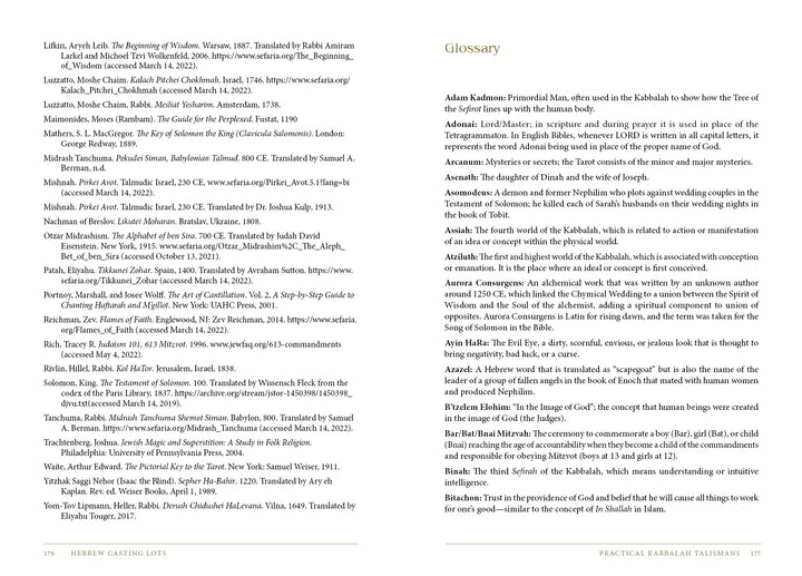 A book page from Schiffer Publishing, Ltd.'s "Hebrew Casting Lots": left column lists Kabbalah and kabbalistic divination sources; right column is a glossary of terms like “Adam Kadmon,” “Ain Soph,” and the “Hebrew Alefbet.”.