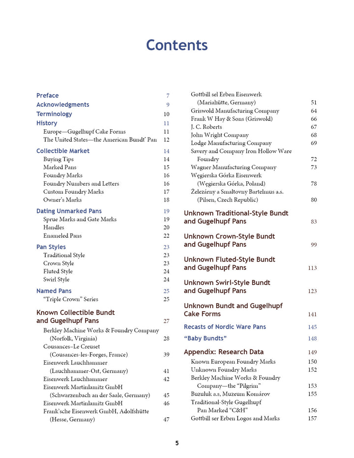 The table of contents from "Collectible Cast Iron" by Schiffer Publishing, Ltd. includes Preface, Acknowledgments, Terminology, collecting market info, foundry marks, pan styles (including cast-iron Bundt pans), and manufacturer appendices.