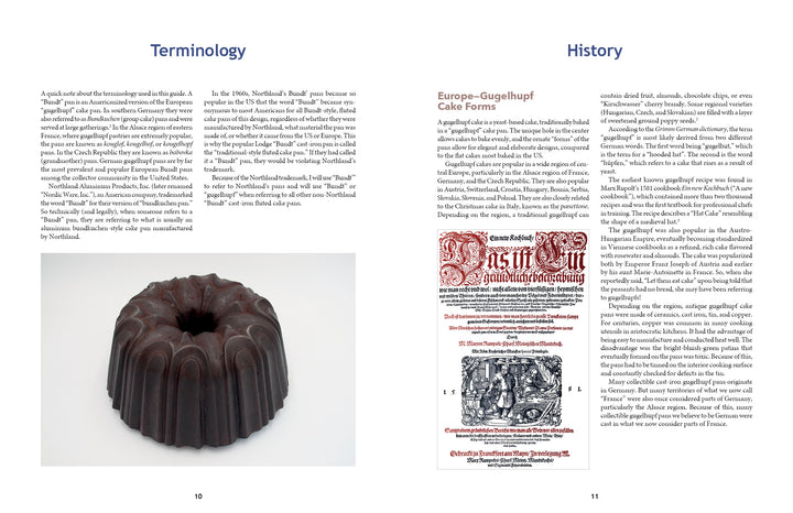 A book spread from "Collectible Cast Iron" by Schiffer Publishing, Ltd. shows left-page text on terminology, a photo of a dark cast-iron Bundt pan with foundry marks; the right page presents history and an old illustrated pan advertisement.