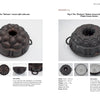 Schiffer Publishing, Ltd.'s Collectible Cast Iron pans are displayed: the left shows a rounded fluted style; the right has an ornate scalloped design. Both have handles, blackened surfaces, and foundry marks visible in close-up shots.