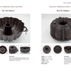 Two pages showcase Collectible Cast Iron by Schiffer Publishing, Ltd.: Left—The Emperor, a fluted pan with handles; Right—The Kingdom, a round Bundt-style pan. Dimensions and foundry marks are described for each.