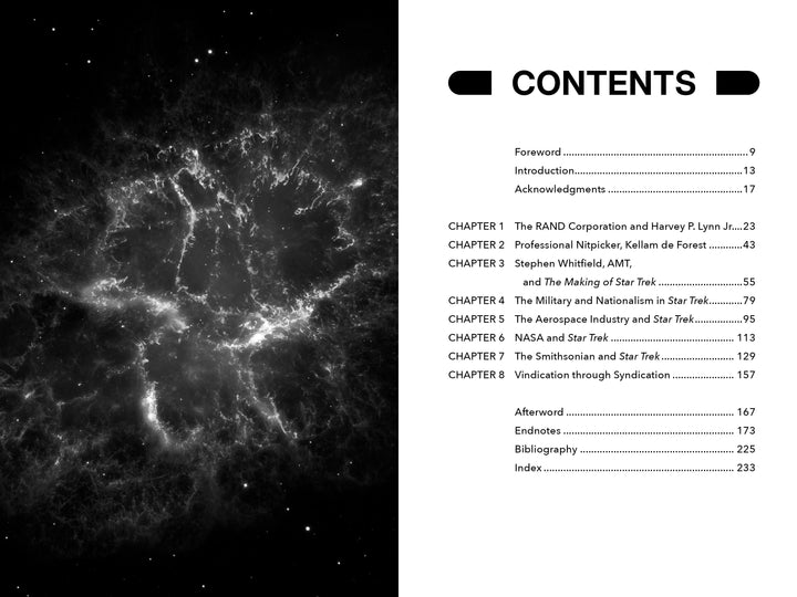 On the right, the "Inspired Enterprise" table of contents by Schiffer Publishing, Ltd. lists chapters and pages; on the left, a grayscale image like a NASA photo shows a nebula with a bright center and wispy edges.