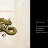 Two illustrated pages from "The Cut-Ups 2" by Schiffer Publishing, Ltd.: left page features a tiger head with a green snake and dedication in tattoo flash style; right page shows a fish-woman, spider, red star, and Contents list in white on black.