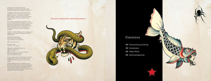 Two illustrated pages from "The Cut-Ups 2" by Schiffer Publishing, Ltd.: left page features a tiger head with a green snake and dedication in tattoo flash style; right page shows a fish-woman, spider, red star, and Contents list in white on black.