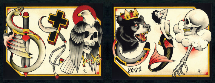 The Cut-Ups 2 from Schiffer Publishing, Ltd. features two hand-painted tattoo flash panels: a sword with snake, cross, eagle on skull; and a crowned bear, skull-headed mermaid, and "2021"—all in bold red, black, and yellow traditional style.