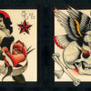 The Cut-Ups 2 by Schiffer Publishing, Ltd.: Two bold hand-painted tattoo flash designs—left with snake, woman, star, rose, and MORTIGNA banner; right with skull, eagle, crossbones, flaming hat, and VULCANO banner—both in a strong traditional style.