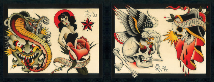The Cut-Ups 2 by Schiffer Publishing, Ltd.: Two bold hand-painted tattoo flash designs—left with snake, woman, star, rose, and MORTIGNA banner; right with skull, eagle, crossbones, flaming hat, and VULCANO banner—both in a strong traditional style.