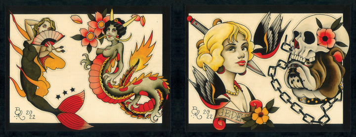 The Cut-Ups 2 by Schiffer Publishing, Ltd. features traditional tattoo-style art: left side shows a mermaid with a red tail and flowers; right side, a blonde woman with heart necklace, skull, bulldog in chains, dagger, and bold red flowers.