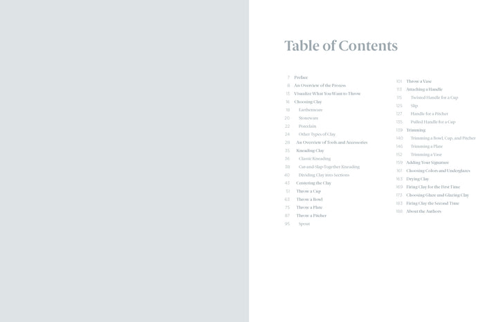 An open book shows the Table of Contents for "Practical Pottery" by Schiffer Publishing, Ltd.; chapters and page numbers appear in light gray text on a white right page, while the left page is blank and light gray.