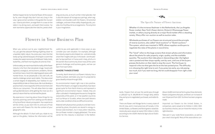 An open book, "Starting Your Floral Design Studio" by Schiffer Publishing, Ltd., shows a left page on building a floral business and a right page about flower auctions with eco-friendly arranging tips and a highlighted box.