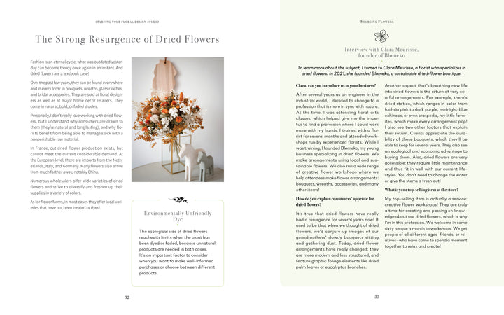 A magazine spread features Schiffer Publishing, Ltd.'s "Starting Your Floral Design Studio," showcasing a modern eco-friendly flower display in a gold-stand vase; the right page includes an interview and light green info boxes.