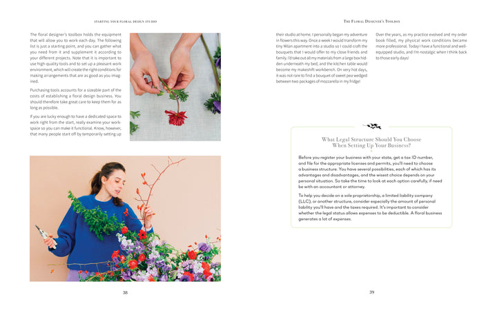 A spread from "Starting Your Floral Design Studio" by Schiffer Publishing, Ltd.: Left—photos of eco-friendly flower arranging and a woman with floral branches. Right—text on the floral designer's toolbox and highlighted info on business legal structures.