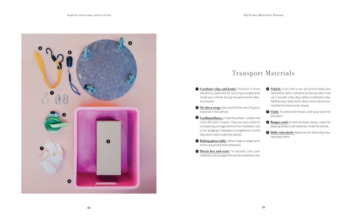 A flat lay of floral arranging tools on pink, inspired by 'Starting Your Floral Design Studio' from Schiffer Publishing, Ltd.—essentials for any eco-friendly floral business. Transport materials info shown at right.