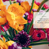 Close-up of a vibrant floral arrangement with orange, pink, yellow, and purple blooms. A white text box reads: "Chapter 3: The Basic Principles of Eco-Friendly Flower Arranging in Starting Your Floral Design Studio by Schiffer Publishing, Ltd.