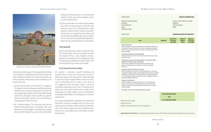 A two-page spread from Schiffer Publishing, Ltd.’s "Starting Your Floral Design Studio": the left page displays a beach art installation photo and guidance on creating quotes for floral projects, while the right shows a sample quote template with itemized fields.