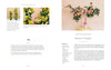 Two pages from "Starting Your Floral Design Studio" by Schiffer Publishing, Ltd.: the left page offers instructions and yellow bouquets; the right shows a pink vase with eco-friendly pink, orange, and green florals on a pink table.