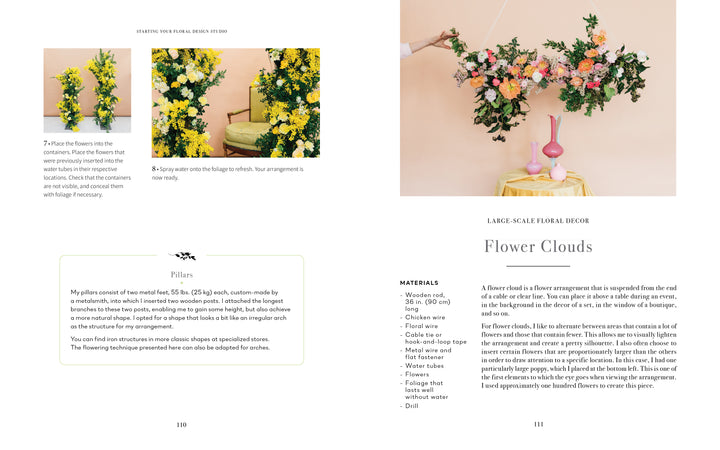 Two pages from "Starting Your Floral Design Studio" by Schiffer Publishing, Ltd.: the left page offers instructions and yellow bouquets; the right shows a pink vase with eco-friendly pink, orange, and green florals on a pink table.