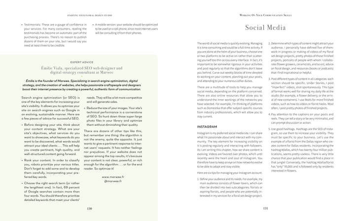 An open book, "Starting Your Floral Design Studio" by Schiffer Publishing, Ltd., displays cream-colored pages: the left highlights Émilie Vzini's floral business social media tips; the right shares Instagram advice for florists.
