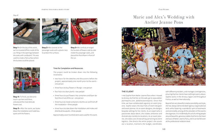 A spread from "Starting Your Floral Design Studio" by Schiffer Publishing, Ltd. features step-by-step petal cone instructions on the left and a bride and groom outdoors amid vivid floral designs on the right.