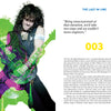 A magazine spread for Schiffer Publishing, Ltd.’s "DIO: The Unholy Scriptures" features a quote on elevation, story 003, and a vibrant, multi-layered image of the guitarist in green and pink, with text about the "Holy Diver" album on the right.