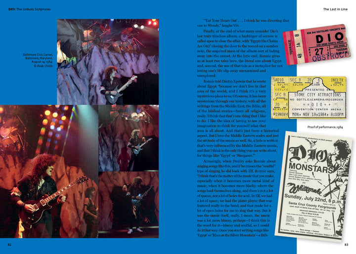 A collage for Schiffer Publishing, Ltd.’s DIO: The Unholy Scriptures shows a long-haired guitarist rocking with Dio on stage, surrounded by vintage Holy Diver concert tickets and a black-and-white event flyer on a blue background.