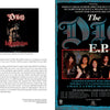 Left: US vinyl sleeve of DIO: The Unholy Scriptures by Schiffer Publishing, Ltd., featuring the Dio band logo and sword art. Right: Promo poster with Ronnie James Dio and band members below large metallic blue DIO text and red headline.