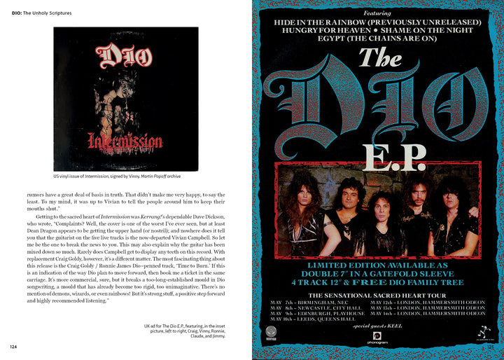 Left: US vinyl sleeve of DIO: The Unholy Scriptures by Schiffer Publishing, Ltd., featuring the Dio band logo and sword art. Right: Promo poster with Ronnie James Dio and band members below large metallic blue DIO text and red headline.