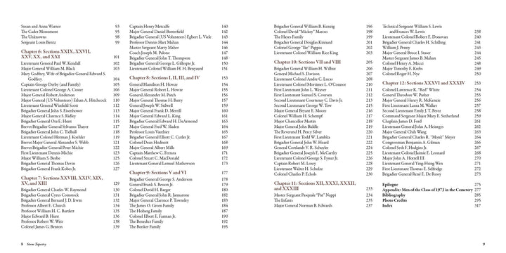 A two-page Stone Tapestry spread from Schiffer Publishing, Ltd. features a detailed three-column table of contents with chapter titles and page numbers, listing names and ranks—perfect for those interested in West Point Cemetery tours or military cemeteries.