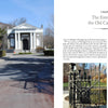 A look through ornate iron gates at West Point Cemetery shows a path to a columned white building, framed by trees. Inset images highlight gate details—Stone Tapestry by Schiffer Publishing, Ltd., is perfect for walking tour inspiration.