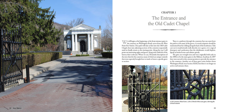 A look through ornate iron gates at West Point Cemetery shows a path to a columned white building, framed by trees. Inset images highlight gate details—Stone Tapestry by Schiffer Publishing, Ltd., is perfect for walking tour inspiration.