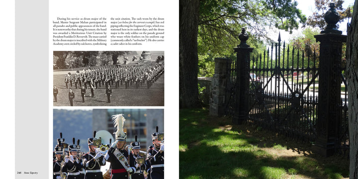 A split image: left, a uniformed marching band with a drum major; right, West Point Cemetery’s ornate wrought-iron gate—both scenes from "Stone Tapestry" by Schiffer Publishing, Ltd.