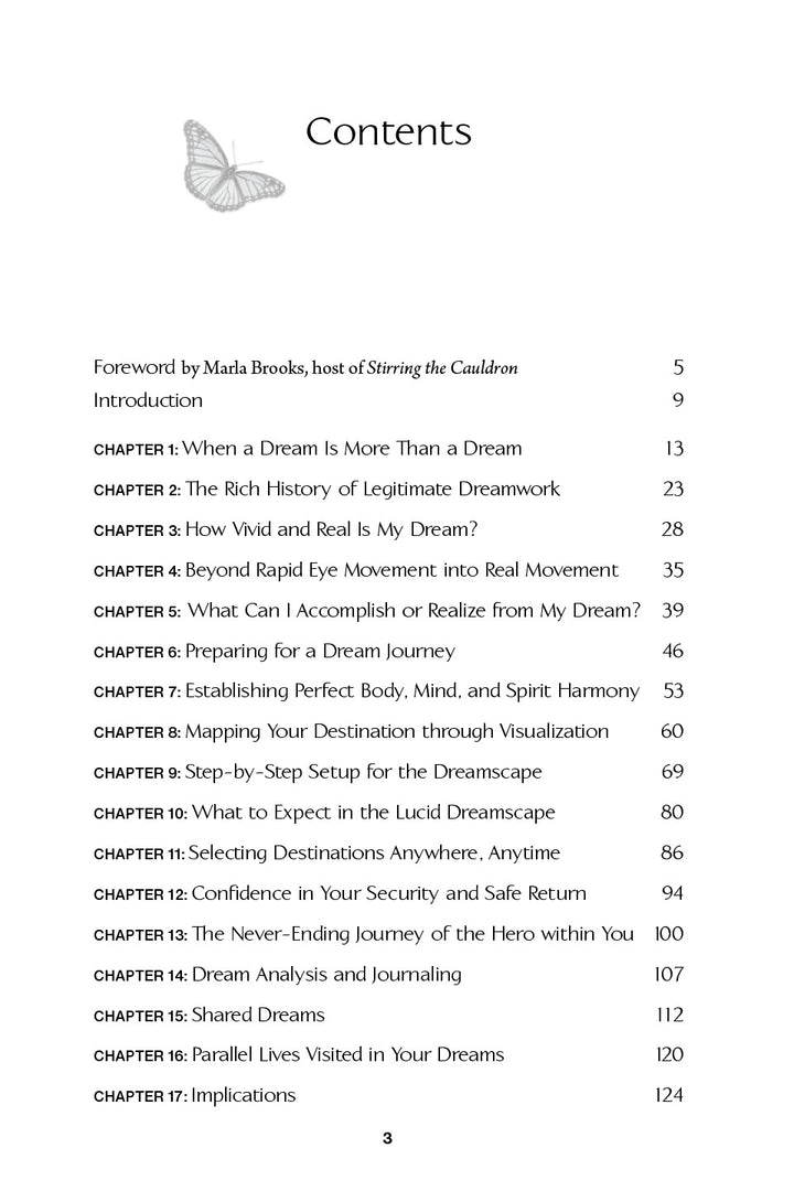 The table of contents in "Programming Your Lucid Dreams" by Schiffer Publishing, Ltd. features a butterfly at the top and lists chapters on lucid dreaming, dream analysis, spirit harmony, parallel lives, and maintaining a dream journal with page numbers.