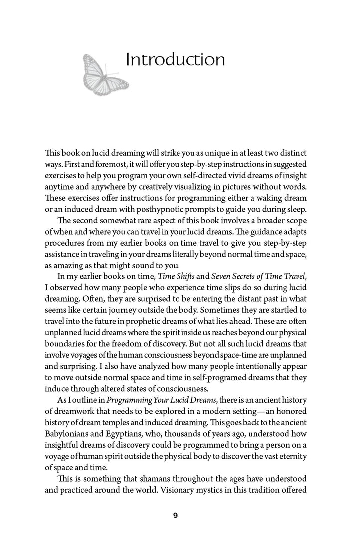 The "Introduction" page of Schiffer Publishing, Ltd.'s book "Programming Your Lucid Dreams" covers lucid dreaming, step-by-step techniques, dream journals, time travel, consciousness topics, and references to the author's earlier works.