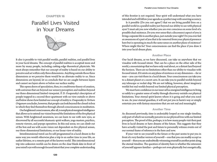 An open book, "Programming Your Lucid Dreams" by Schiffer Publishing, Ltd., shows two pages—one with a butterfly illustration and the other with text exploring lucid dreaming, parallel worlds, and consciousness.