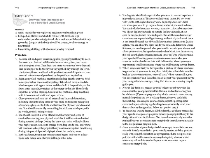 Two pages from Programming Your Lucid Dreams by Schiffer Publishing, Ltd. feature Exercise 1: Drawing Your Intentions for a Self-Directed Lucid Dream, with step-by-step instructions and tips that continue on the next page.