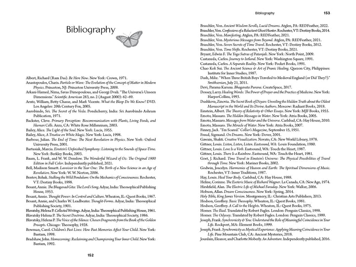 A two-page spread from Schiffer Publishing, Ltd.'s "Programming Your Lucid Dreams" shows pages 152 and 153 of the bibliography, with academic references listed alphabetically by author and a butterfly illustration atop the left page.